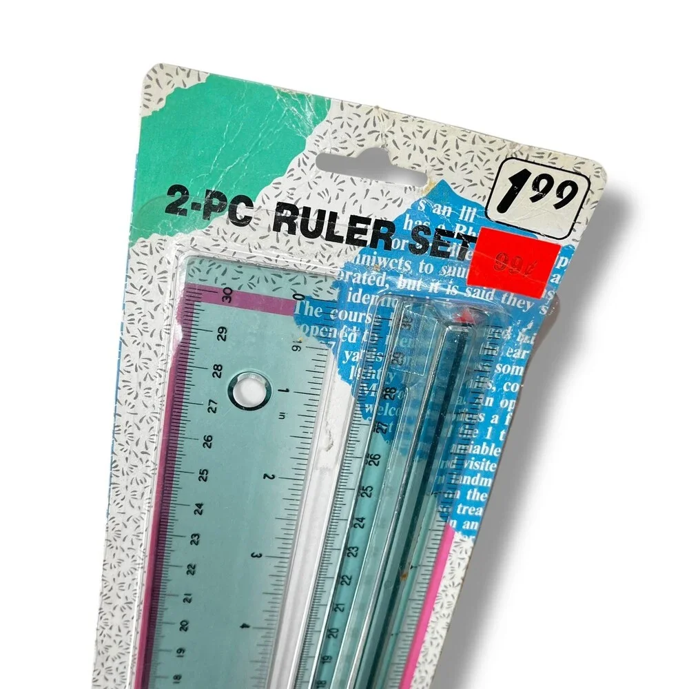 VTG 2pc Clear Blue Plastic Ruler Set 12” School Supplies 80s 90s New Sealed NOS